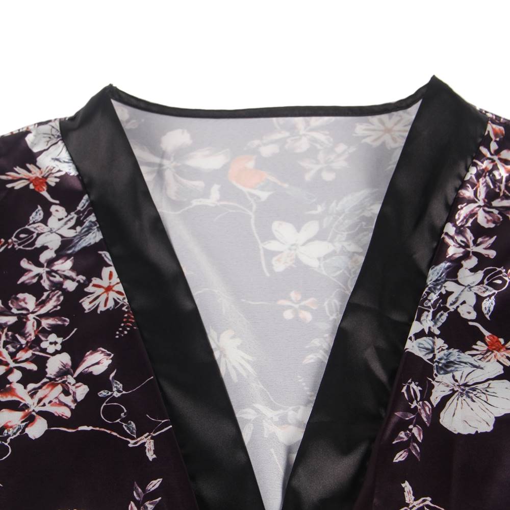 Women's Satin Kimono Robe – Floral Print Short Robe with Black Trim & Belt – Lightweight Silky Lounge & Sleepwear