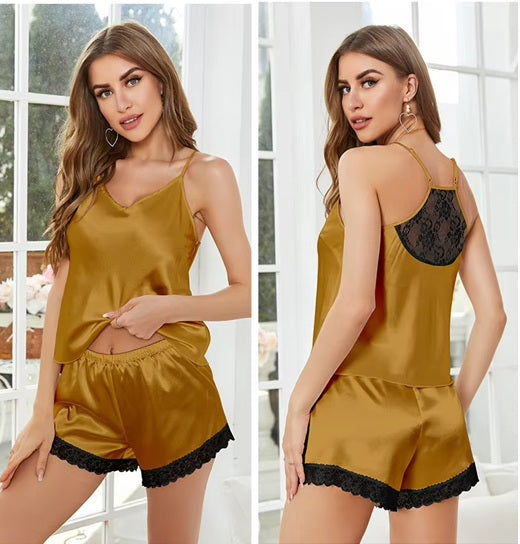 Women's Satin Nightwear Set | Black Sleepwear Camisole and Shorts | Soft Night Dress for Women | Loungewear Night Suit with Lace | Comfortable & Stylish Nightwear for Ladies