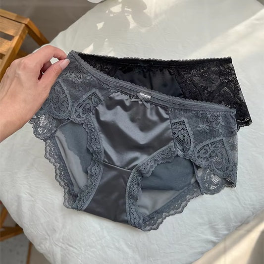 Curvear Plus Size Satin Panties for Women Sexy lace Satin Transparent Mesh Underwear No Trace Briefs Large Sizes Mom Underwear. 3 set