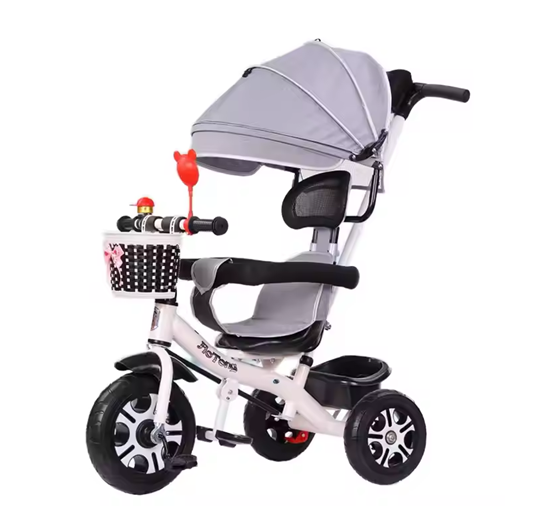 Curvear Kids Tricycle, 4 in 1 Stroll Trike with Adjustable Push Handle, Removable Canopy, Retractable Foot Plate, Lockable Pedal, Detachable Guardrail, Suitable for 10 Months to 5 Years.