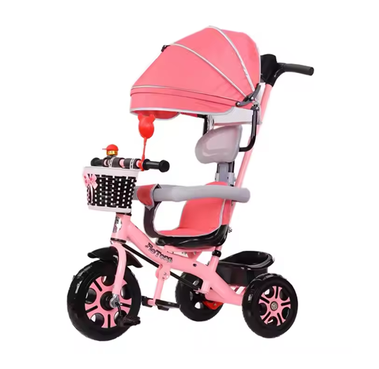 Curvear Kids Tricycle, 4 in 1 Stroll Trike with Adjustable Push Handle, Removable Canopy, Retractable Foot Plate, Lockable Pedal, Detachable Guardrail, Suitable for 10 Months to 5 Years.