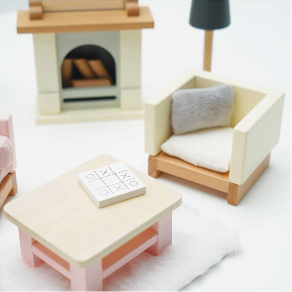 Wooden Dollhouse Furniture  Miniature Toy Furniture with Family Dolls for Kids, Pretend Play Room Décor for Bedroom, Kitchen, Bathroom & Living Room