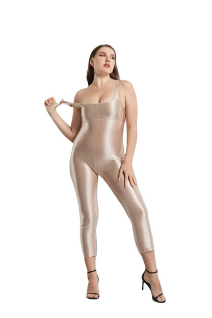 Women's Shiny Nude Bodysuit Jumpsuit – Sleeveless Stretch One-Piece for Clubwear, Party, or Night Out