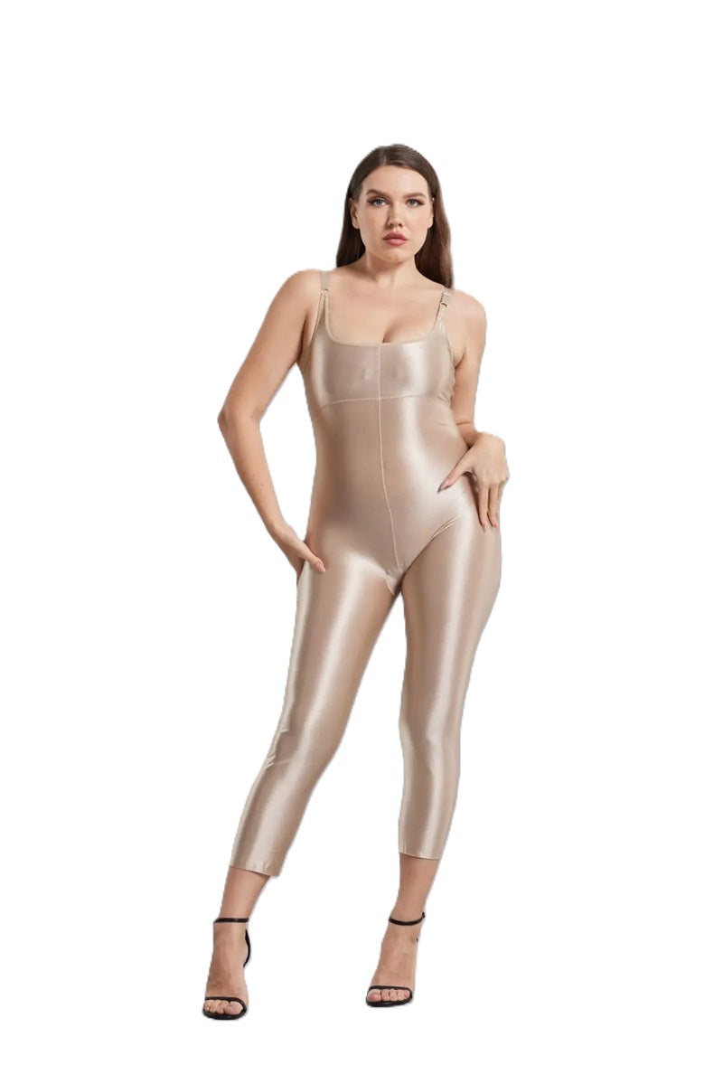 Women's Shiny Nude Bodysuit Jumpsuit – Sleeveless Stretch One-Piece for Clubwear, Party, or Night Out