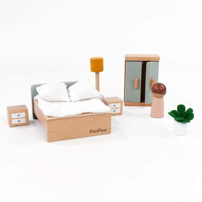 Wooden Dollhouse Furniture  Miniature Toy Furniture with Family Dolls for Kids, Pretend Play Room Décor for Bedroom, Kitchen, Bathroom & Living Room