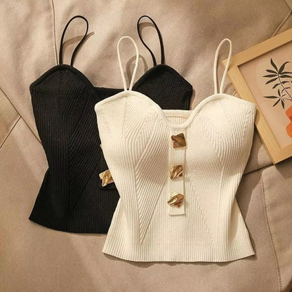 Women's Ribbed Knit Corset Top – Slim Fit Sleeveless Tank with Stylish Gold Button Detail
