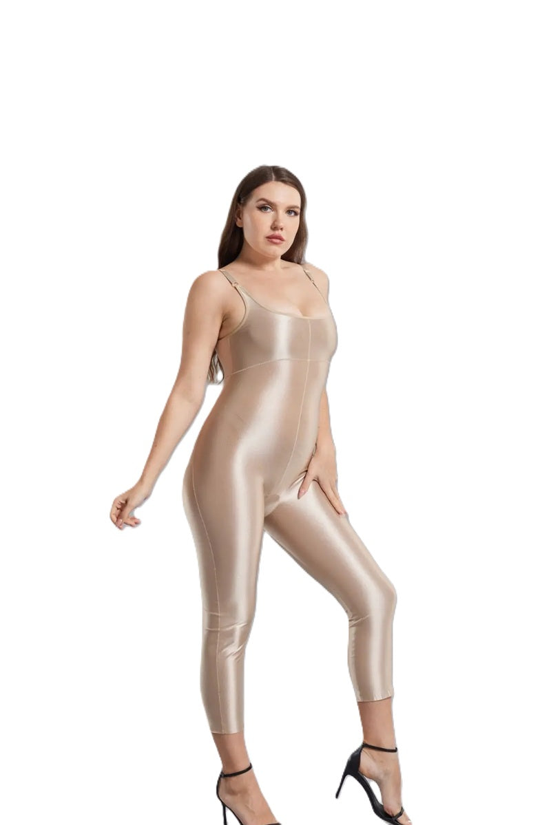 Women's Shiny Nude Bodysuit Jumpsuit – Sleeveless Stretch One-Piece for Clubwear, Party, or Night Out