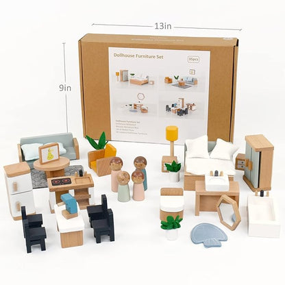 Wooden Dollhouse Furniture  Miniature Toy Furniture with Family Dolls for Kids, Pretend Play Room Décor for Bedroom, Kitchen, Bathroom & Living Room