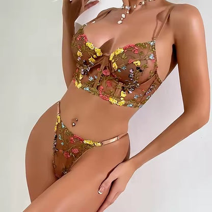 Curvear®️Womens Sexy Lingeries Sets Mesh See Through Spaghetti Strap Bras Thongs Set Girls 2pieces Lace Mesh Underwear Panties