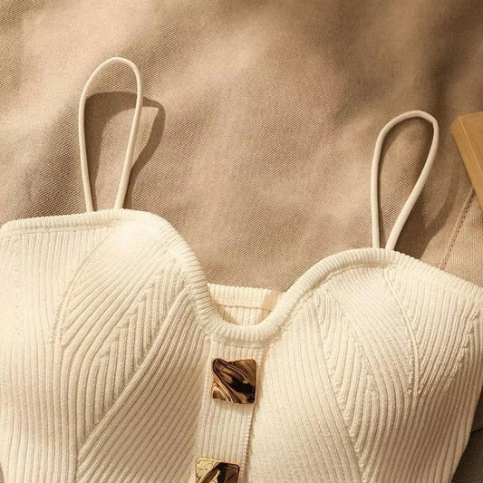 Women's Ribbed Knit Corset Top – Slim Fit Sleeveless Tank with Stylish Gold Button Detail