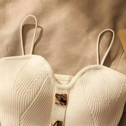 Women's Ribbed Knit Corset Top – Slim Fit Sleeveless Tank with Stylish Gold Button Detail