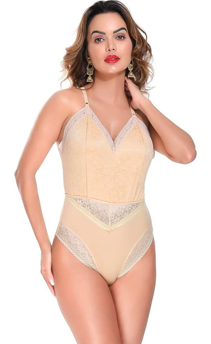Elegant Green Lace Bodysuit for Women – Deep V Neck, Sheer Mesh Lingerie, Sexy One-Piece Outfit