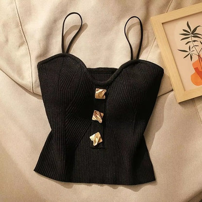Women's Ribbed Knit Corset Top – Slim Fit Sleeveless Tank with Stylish Gold Button Detail
