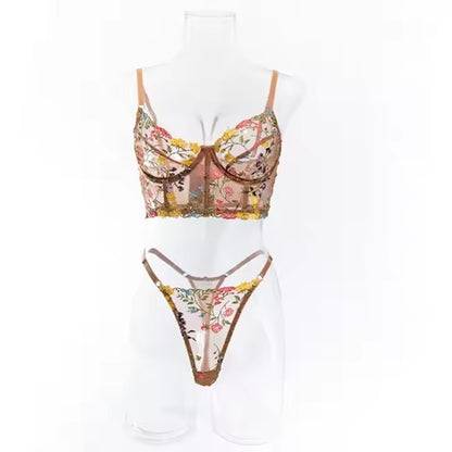 Curvear®️Womens Sexy Lingeries Sets Mesh See Through Spaghetti Strap Bras Thongs Set Girls 2pieces Lace Mesh Underwear Panties