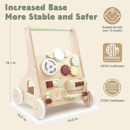 Wooden Baby Walker with Activity Center – Montessori Push Toy for Toddlers with Shape Sorter, Gears, Mirror & Bead Maze – Early Learning Toy for 12+ Months