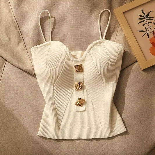 Women's Ribbed Knit Corset Top – Slim Fit Sleeveless Tank with Stylish Gold Button Detail