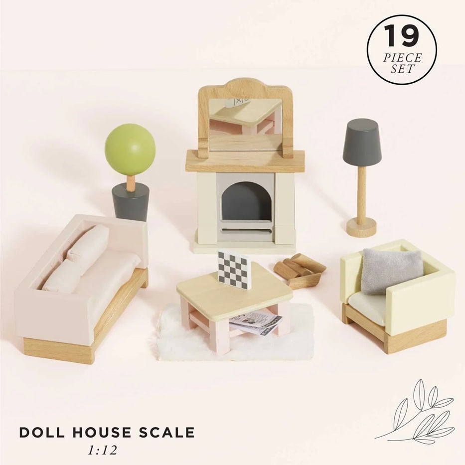 Wooden Dollhouse Furniture  Miniature Toy Furniture with Family Dolls for Kids, Pretend Play Room Décor for Bedroom, Kitchen, Bathroom & Living Room