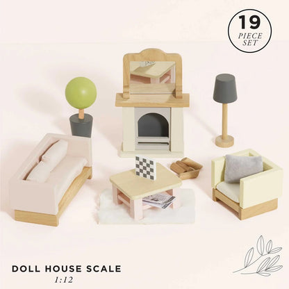 Wooden Dollhouse Furniture  Miniature Toy Furniture with Family Dolls for Kids, Pretend Play Room Décor for Bedroom, Kitchen, Bathroom & Living Room