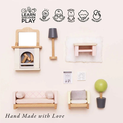 Wooden Dollhouse Furniture  Miniature Toy Furniture with Family Dolls for Kids, Pretend Play Room Décor for Bedroom, Kitchen, Bathroom & Living Room