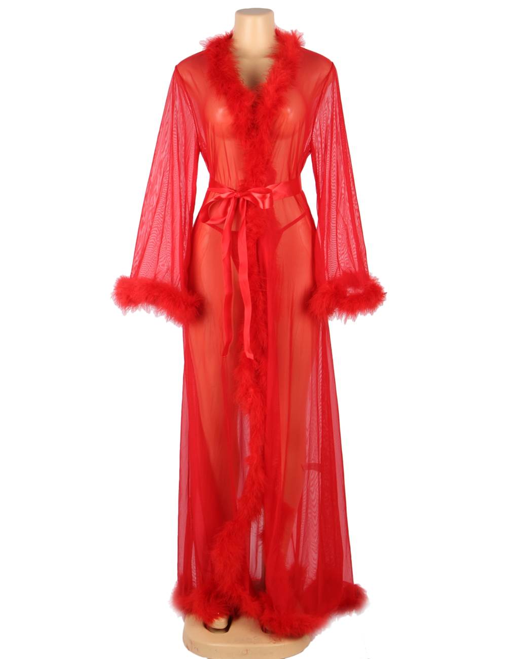Women's Sexy Sheer Lingerie Robe with Satin Belt & Feather Trim – Long Transparent Nightwear Gown for Honeymoon, Bridal, Boudoir & Romantic Nights – Black Mesh Sleepwear - CURVEAR