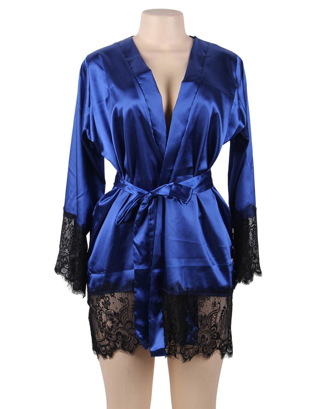 Elegant plus size satin robe with lace trim for women. Sexy black nightwear, perfect for honeymoon, bridal wear, lounge, or romantic nights. Soft, stylish, and flattering sleepwear. - CURVEAR